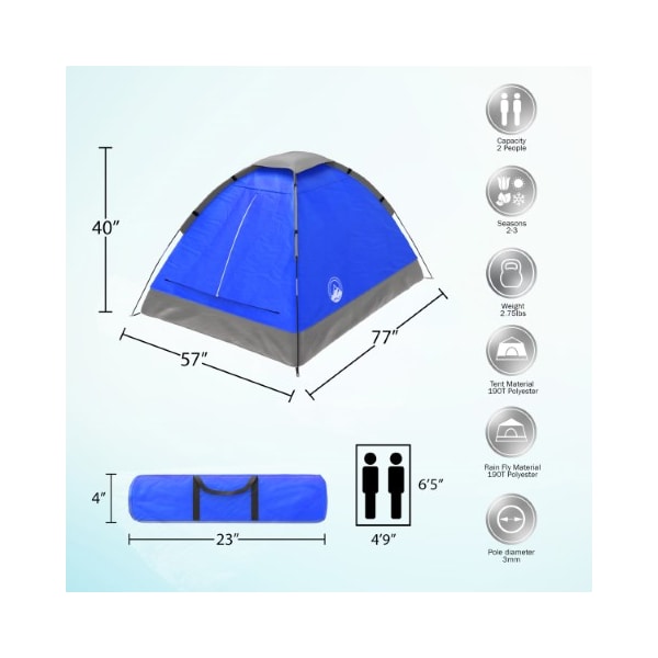 Leisure Sports 2-Person Dome Tent, Ultralight For Camping, Dual Doors And Rain Fly, Blue